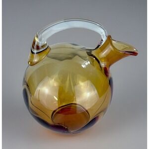VTG Cambridge Glass Lite AMBER Tilt Ball Pitcher W/Clear Handle Art Deco Design